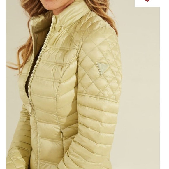 (NEW) GUESS Green Down Filled Quilted Puffer Jacket with Hidden Zippered Hood - Picture 2 of 11